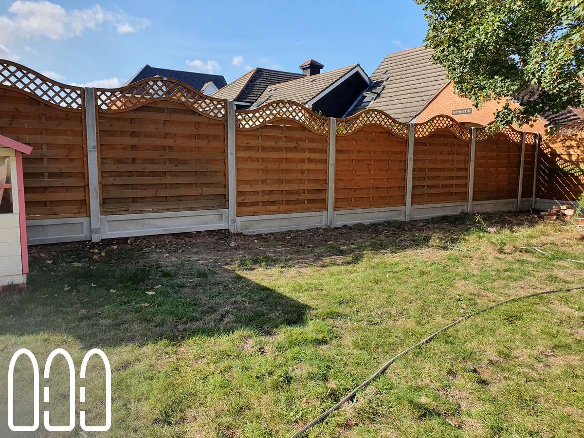 Bow-Top European Florence Fencing with Concrete Posts and Gravel Boards and a Box Trellis